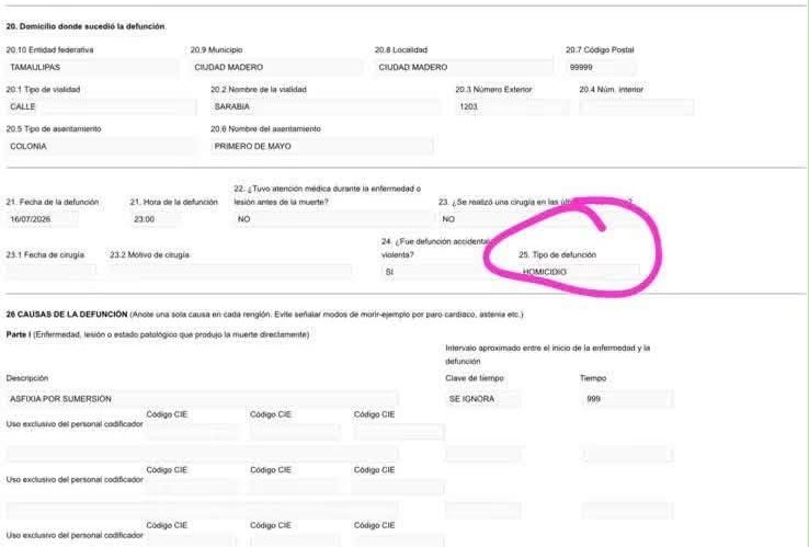 Certificado de defunción de Dafne clasifica su muerte como homicidio